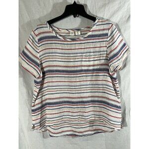 Artisan NY Women’s Large Short Sleeve Red White Blue Striped Linen Blouse